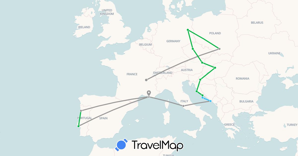 TravelMap itinerary: driving, bus, plane, boat in Austria, Czech Republic, Germany, France, Croatia, Hungary, Italy, Poland, Portugal (Europe)
